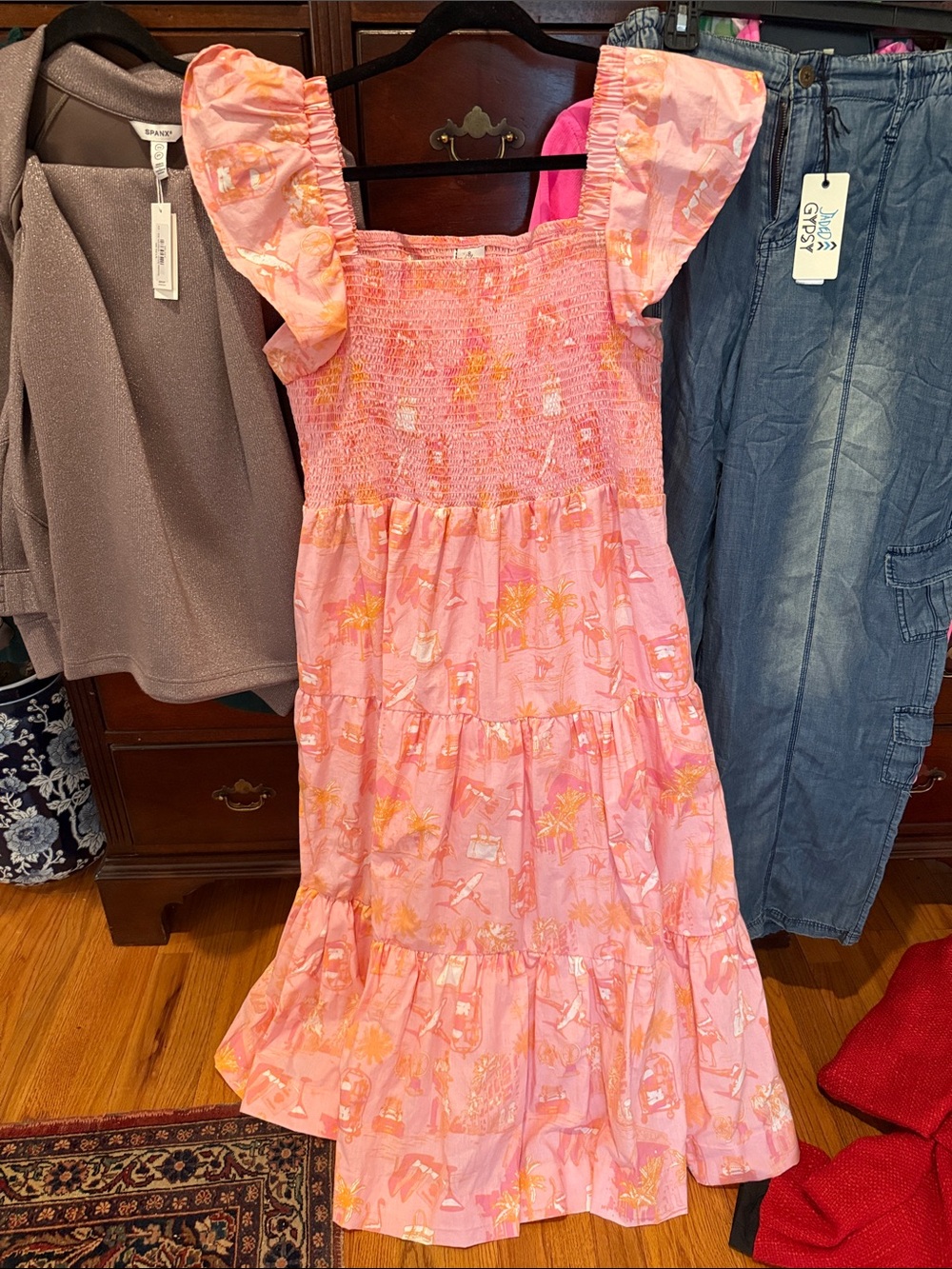 Women’s Pink Smocked Tiered Maxi Dress in Sunset Toile with Ruffle Sleeves